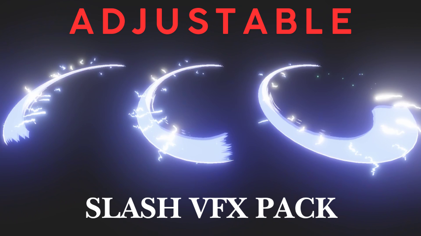 Three glowing white slash VFX arcs on a dark background, text reads "Adjustable Slash VFX Pack"