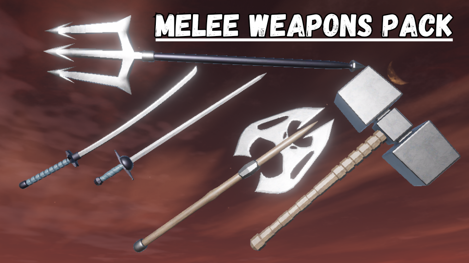 An assortment of melee weapons including a trident, katana, mace, and axe laid out on a dark background