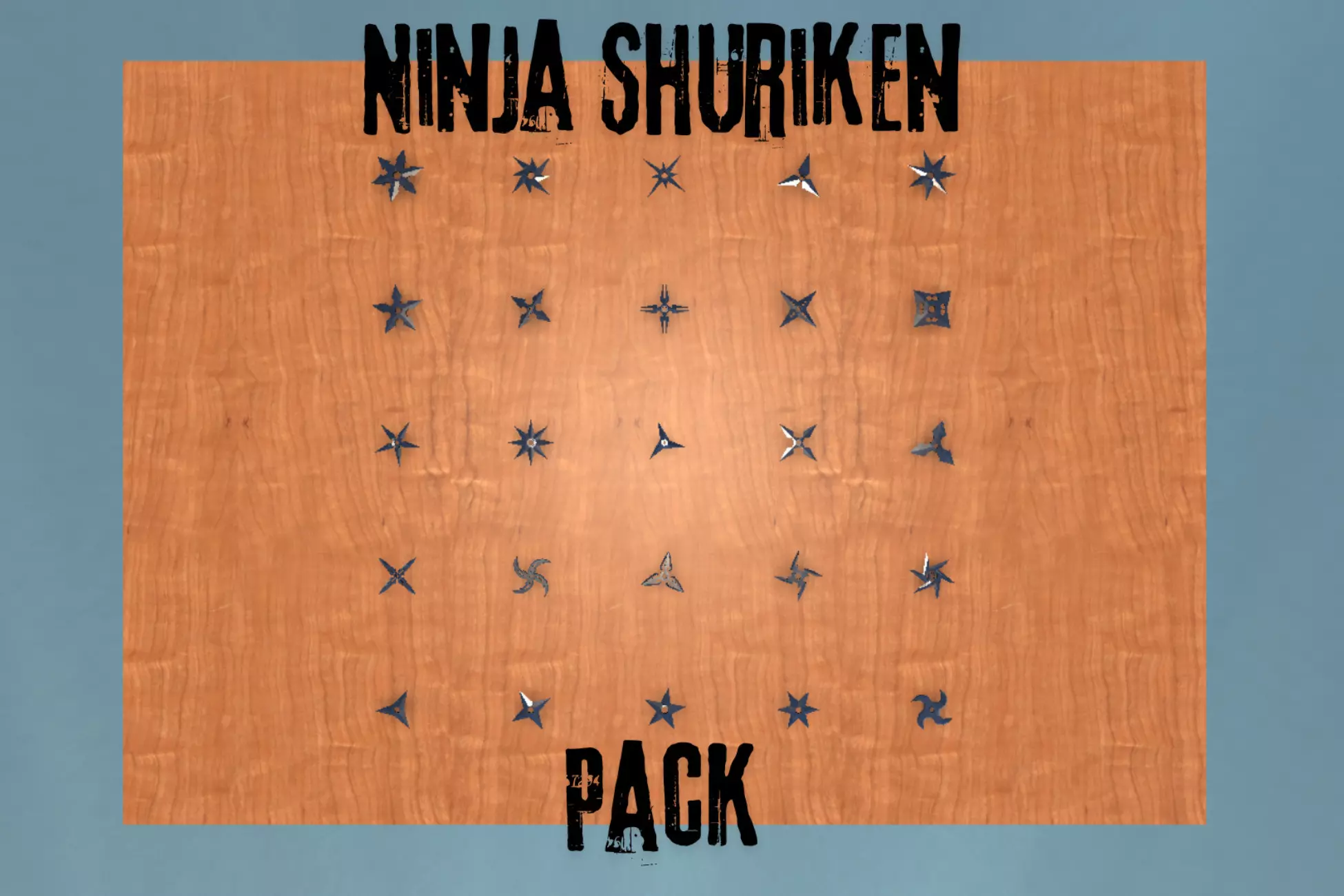 A grid of assorted ninja shuriken laid out on a wooden surface
