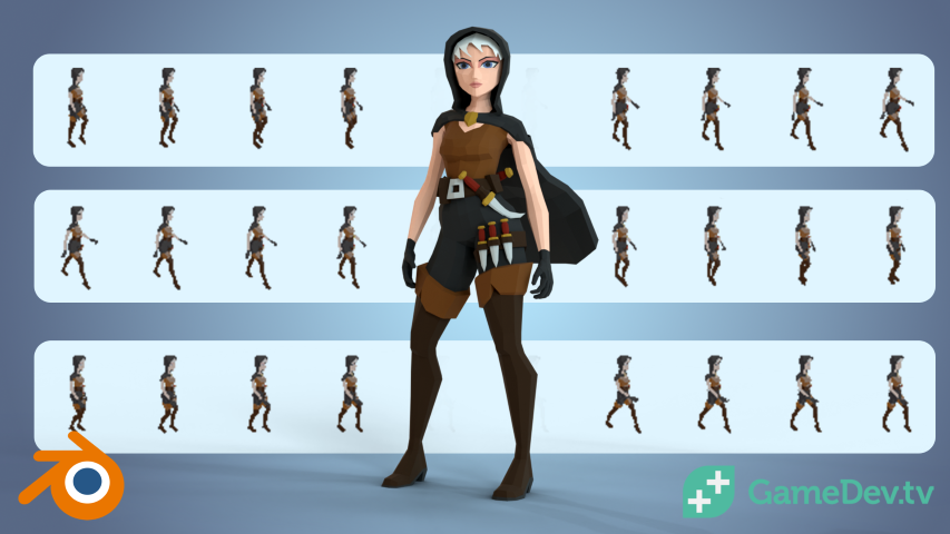 A 3D Blender character model standing beside rows of rendered 2D pixel art sprite sheets, GameDev.tv logo