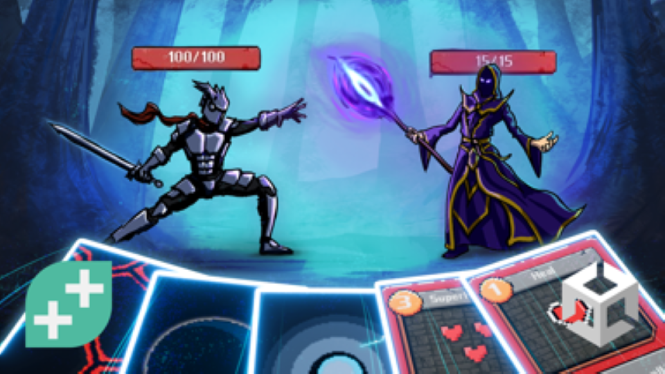 A knight facing off against a robed spellcaster in a stylized card battler, with a deck of cards laid out below them