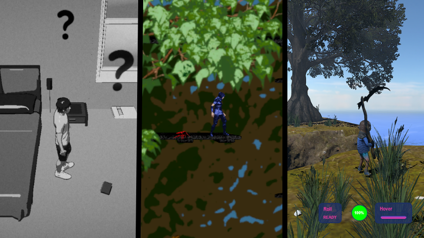 Screenshots from three game jam projects side by side