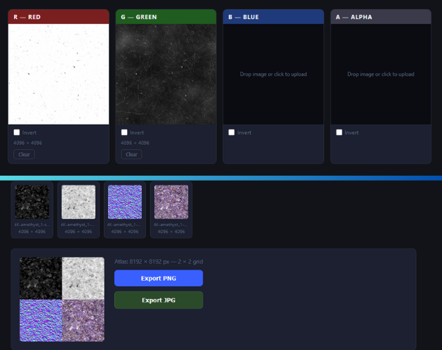 A screenshot of the Texture Optimization Toolkit web app showing RGBA channel packing and a texture atlas export panel